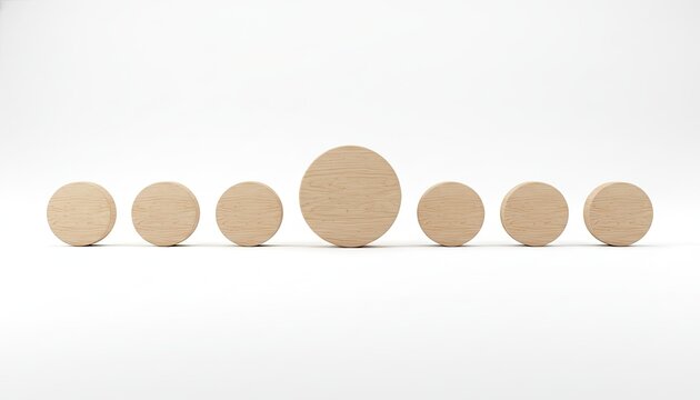 Seven wooden circular tokens are arranged in a horizontal line on a clean white desk to symbolize hierarchical ranking or process steps in project management.