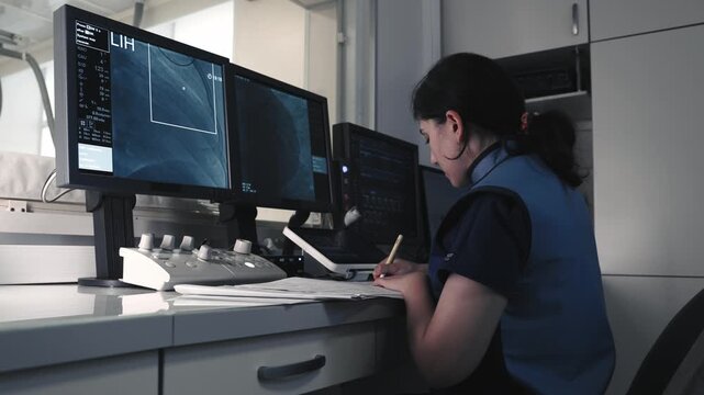 Medical specialist working at a computer workstation and analyzing angiographic images of blood vessels on medical monitors.