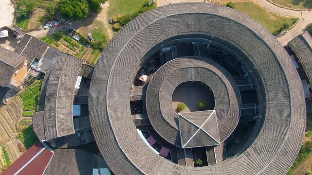 Aerial View of Traditional Circular Tulou Building in Rural Fujian, China