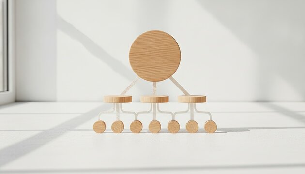 Small wooden diagram on a white desk depicts a structured organizational hierarchy with a large circle representing management and smaller connected circles.