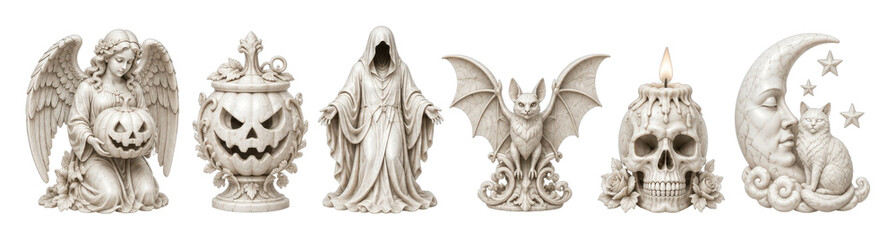Fototapeta premium PNG Gothic Halloween figures, skulls, angel, ghost, bat and moon