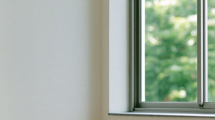 Fototapeta premium Minimalist interior design featuring a clean white wall and a modern glass window overlooking a lush green garden with natural bright sunlight