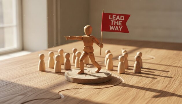 Wooden mannequin stands on a compass base directing a group of small figures while holding a red flag printed with lead the way text.