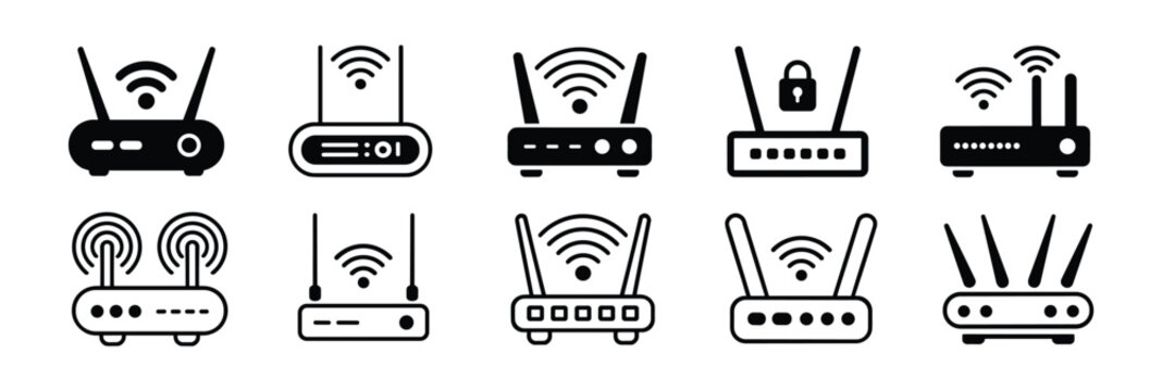 Various Wi-Fi Routers: A collection of diverse Wi-Fi router icons showcasing different designs and features, symbolizing connectivity and networking technology.