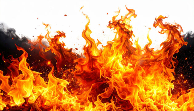 Vivid fire flames rise against a white background, evoking intense energy and passion. This abstract conceptual image features no people and is perfect for dynamic design projects and marketing.