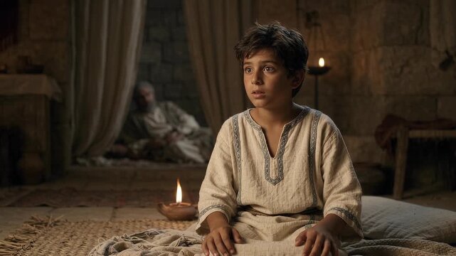 Young Samuel Waking Inside the Sanctuary After Hearing God's Voice Call His Name at Night, Biblical First Samuel Scene of Divine Calling, Faith, Obedience, Spiritual Awakening and Prophetic Destiny