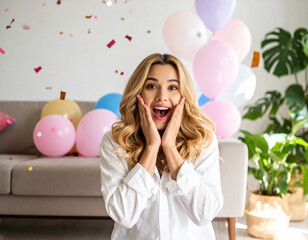 Fototapeta premium A joyful woman experiences a burst of excitement, hands on cheeks, surrounded by vibrant balloons and festive confetti. This celebration captures pure delight for birthdays or special surprises.