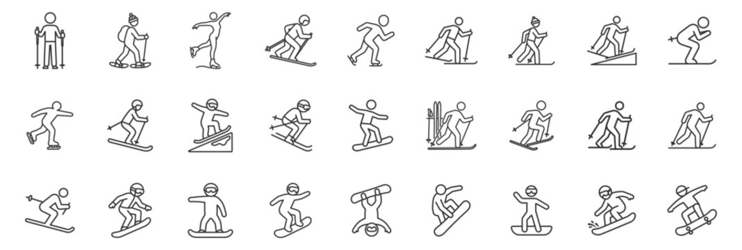 winter sports icon set with skiing snowboarding skating and snowshoeing line style illustration on transparent background