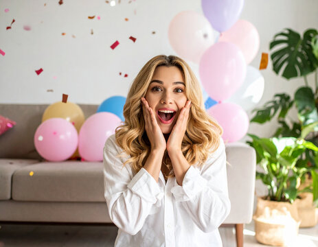 A joyful woman experiences a burst of excitement, hands on cheeks, surrounded by vibrant balloons and festive confetti. This celebration captures pure delight for birthdays or special surprises.