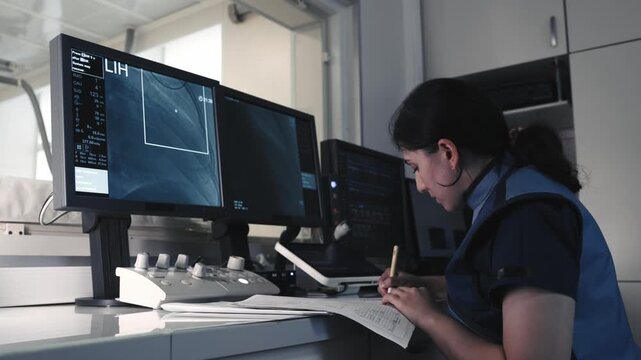 Operator at a workstation monitoring digital angiography and vascular imaging in a modern hospital.