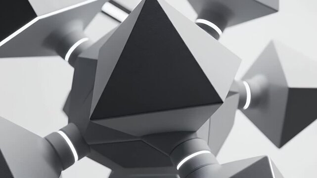 Intricate Black Geometric Polyhedral Cluster Featuring Metallic Triangles and Striped Accent