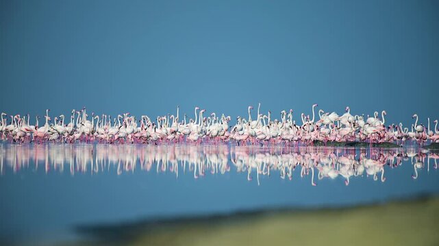 A large flock of flamingos wades through the calm waters of Sambhar Lake, Rajasthan, as golden light and pastel reflections create a serene and atmospheric wetland wildlife scene.