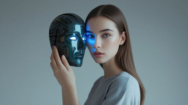 A stunning female cyborg model holds a dark cybernetic mask revealing glowing blue eye bionic modifications. High tech artificial intelligence entity character presentation. Technology theme.