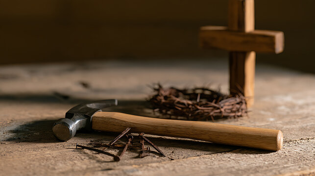 A wooden cross with a crown of thorns, a hammer, and iron nails on a rustic table, symbolizing the Christian faith and the crucifixion