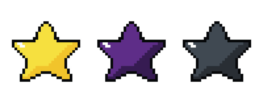 Pixel Art Stars: A trio of pixel art stars in yellow, purple, and gray, representing a rating or a gamified achievement.