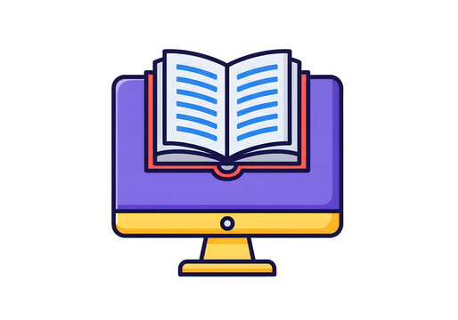 Open book on a purple computer monitor icon isolated on white background