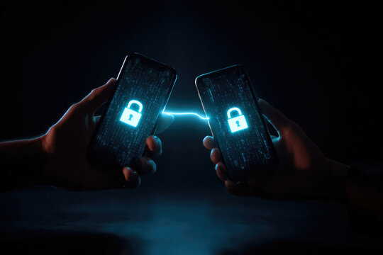 Two hands holding smartphones with glowing padlock icons, connected by a beam of light, representing secure data transfer and digital communication in a modern technology environment