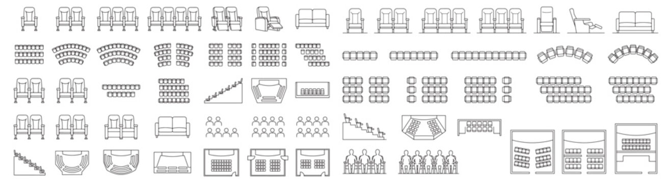 Theater Seating And Auditorium Layout CAD Icons Showing Seats, Rows, Stage, And Seating Charts
