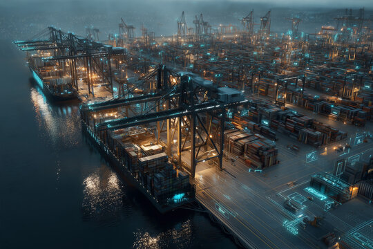 Smart Container Port Terminal with Autonomous Electric Cargo Ship and Automated Cranes