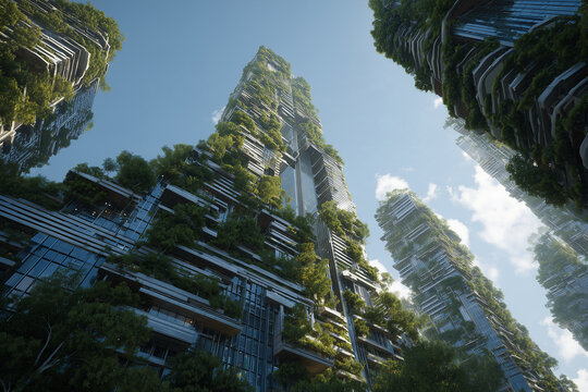 Bioclimatic Skyscraper Architecture with Vertical Forest Gardens and Solar Panels