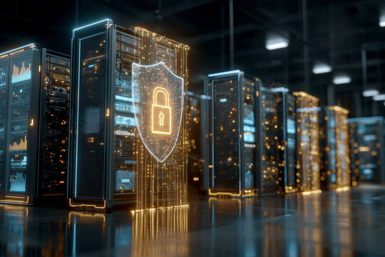 AI Cyber Security Hologram Concept and Cloud Data Protection in Server Room