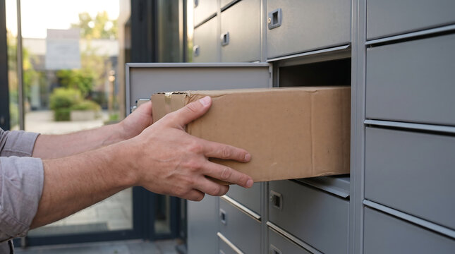 Man hands placing cardboard box into open metal parcel locker at residential apartment building entrance for secure mail pickup and smart self service package delivery