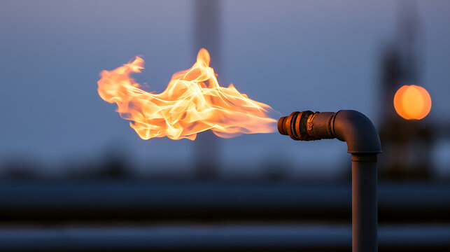 Industrial gas flare stack burning bright flame in a petroleum refinery plant at dusk, representing energy production and power generation