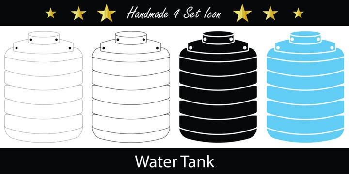 Water tank icons in outline silhouette and color for fluid storage solutions
