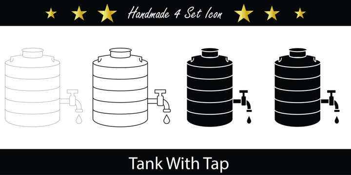 Water storage tank with tap in outline line art silhouette and filled styles for design