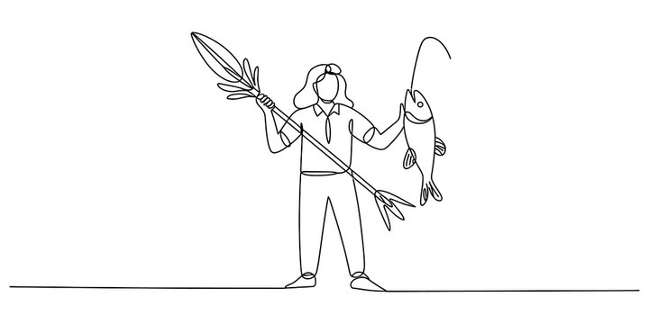A continuous line drawing of a person holding a large hunting spear and a caught fish isolated on a white background isolated on transparent background, Vector