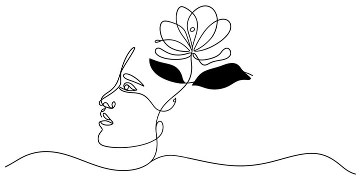 Continuous single line drawing of a woman face profile with a beautiful flower blooming from her head in black and white isolated on transparent background, Vector