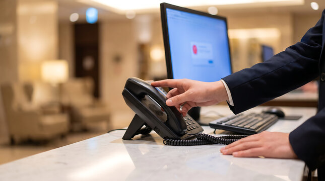 Receptionist hand in suit reaching for black desk phone handset on white marble hotel front desk counter with computer monitor keyboard and luxury lobby interior background