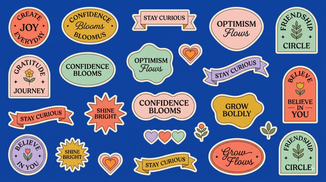 Sticker Collection with Motivational Phrases, Positive Affirmations, and Cute Illustrations
