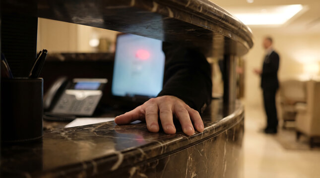 Close up of hand gripping curved dark marble hotel reception desk with telephone computer monitor and pen holder while blurred staff member stands in luxury lobby interior