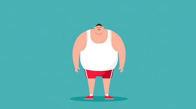 A funny cartoon illustration of a plump man character standing in a sport outfit with white tank top and red shorts on a blue background