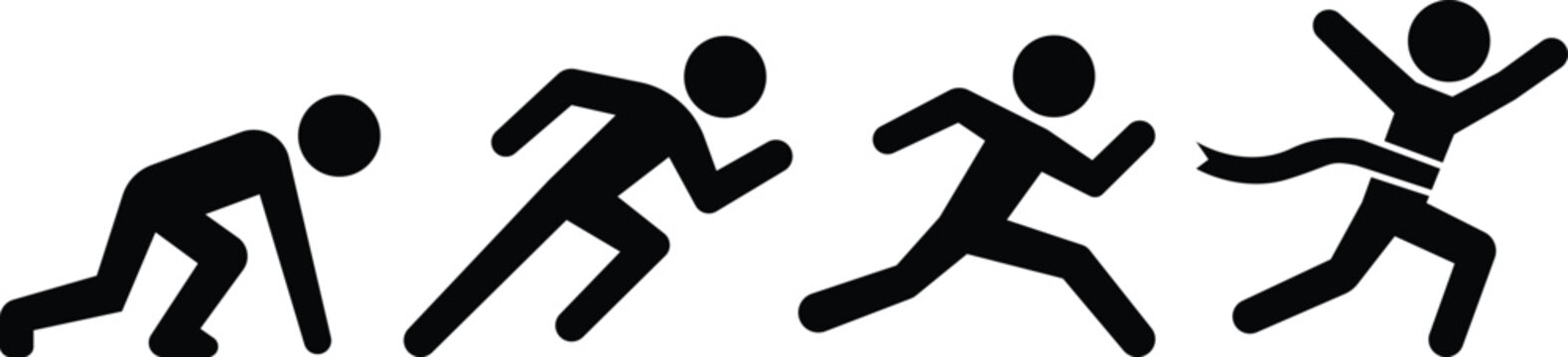 Dynamic stickman running sequence showing progressive movement, speed and athletic motion from crouching start to full sprint