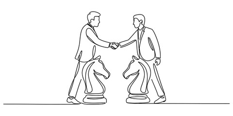 Continuous one line drawing of two businessmen shaking hands standing next to chess knight pieces as a symbol of business strategy and partnership Vector, illustration © Vector Line King