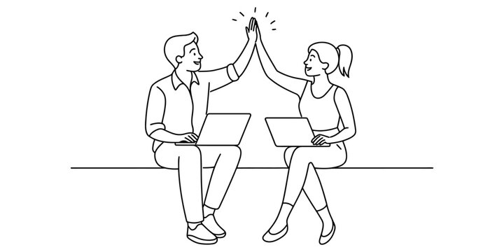 Happy man and woman sitting with laptops giving a high five to celebrate success Vector, illustration