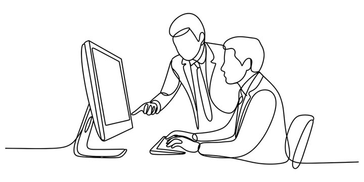 Two business men working together at a computer desk in a modern office, continuous single line drawing style illustration Vector, illustration