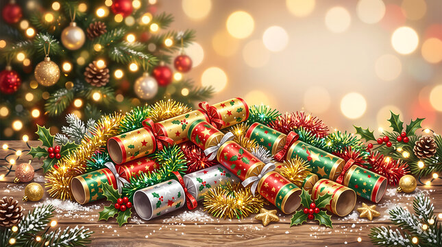 Christmas crackers and tinsel ar&acirc;&euro;&brvbar; in modern commercial stock setting