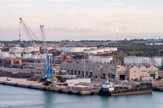 Civitavecchia, Italy- September 18, 2026: Port industrial area with modern wide container terminal, high container cranes at Civitavecchia, Italy