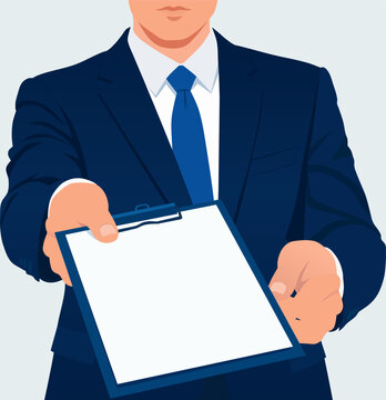 Businessman presenting blank document. Clipboard proposal concept. Corporate service and agreement