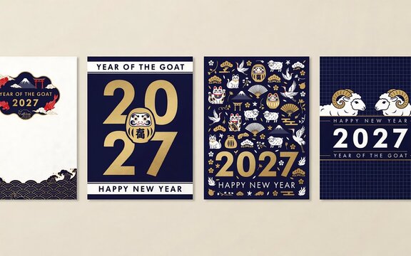 Set of four Japanese style New Year greeting cards for 2027 Year of the Goat with gold and blue traditional motifs