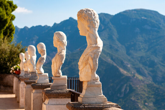 Terrace of Infinity, a beautiful belvedere with marble busts inside the iconic Villa Cimbrone, historic villa in Ravello, on the Amalfi Coast