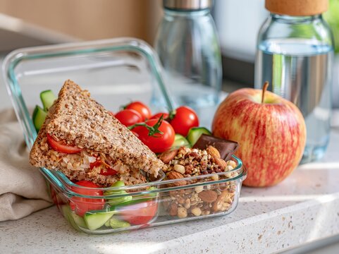 Healthy packed school lunch with whole grain sandwich, fresh vegetables, apple, nuts, and reusable glass containers on a kitchen counter