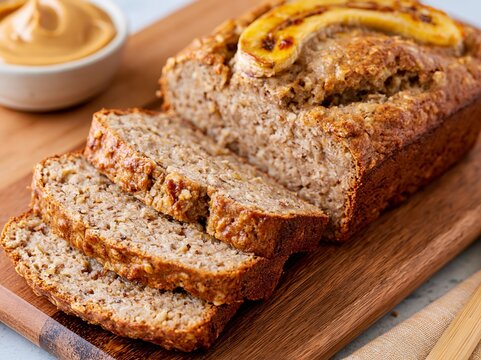 Sliced banana oat loaf with browned banana topping on a wooden serving board, showing a moist crumb, rustic crust, and a bowl of spread in the background