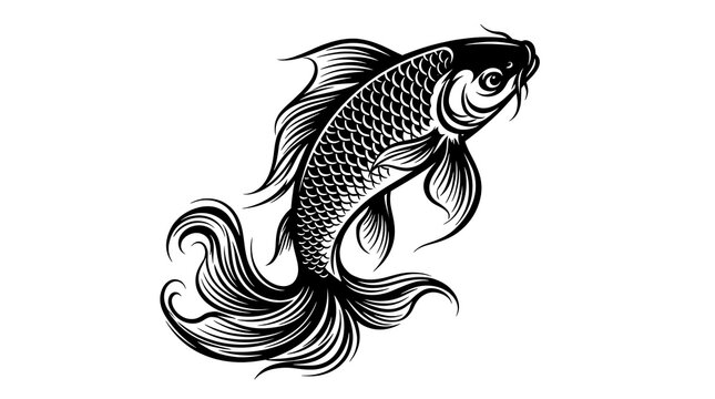 Black and white illustration of a koi fish swimming with flowing tail and scales