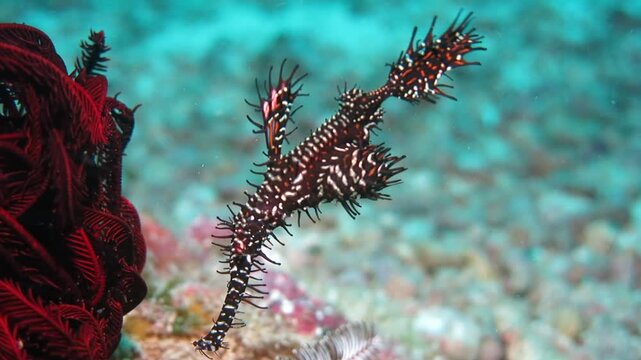 Macro shot of a rare seahorse camouflaged among colorful coral reef during a scuba diving excursion in tropical ocean