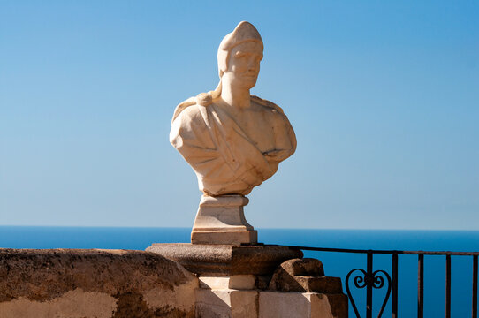 Terrace of Infinity, a beautiful belvedere with marble busts inside the iconic Villa Cimbrone, historic villa in Ravello, on the Amalfi Coast
