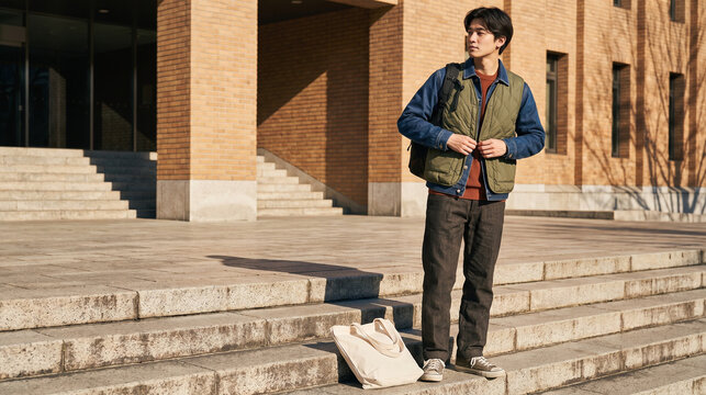 Student adjusts a reworked jacket on city steps